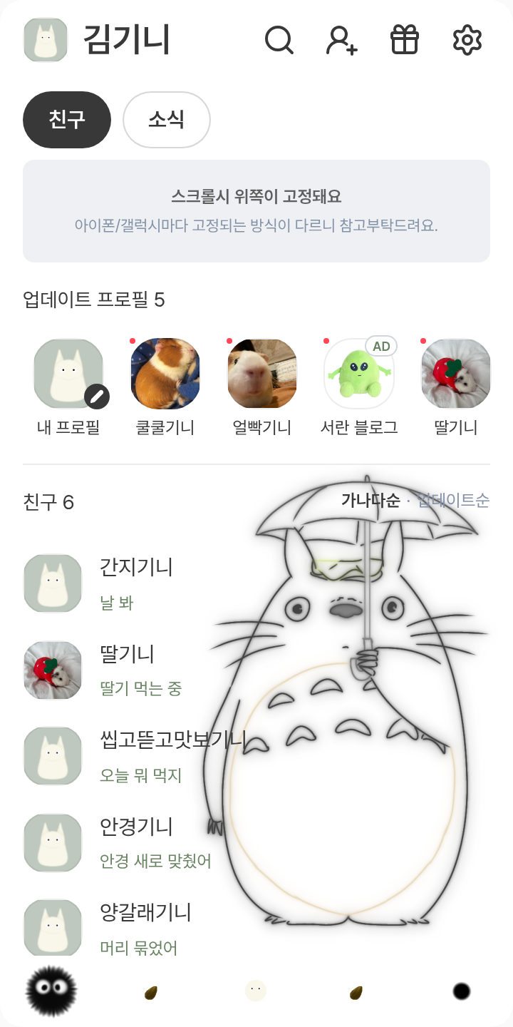 토토로 테마를 적용한 친구탭