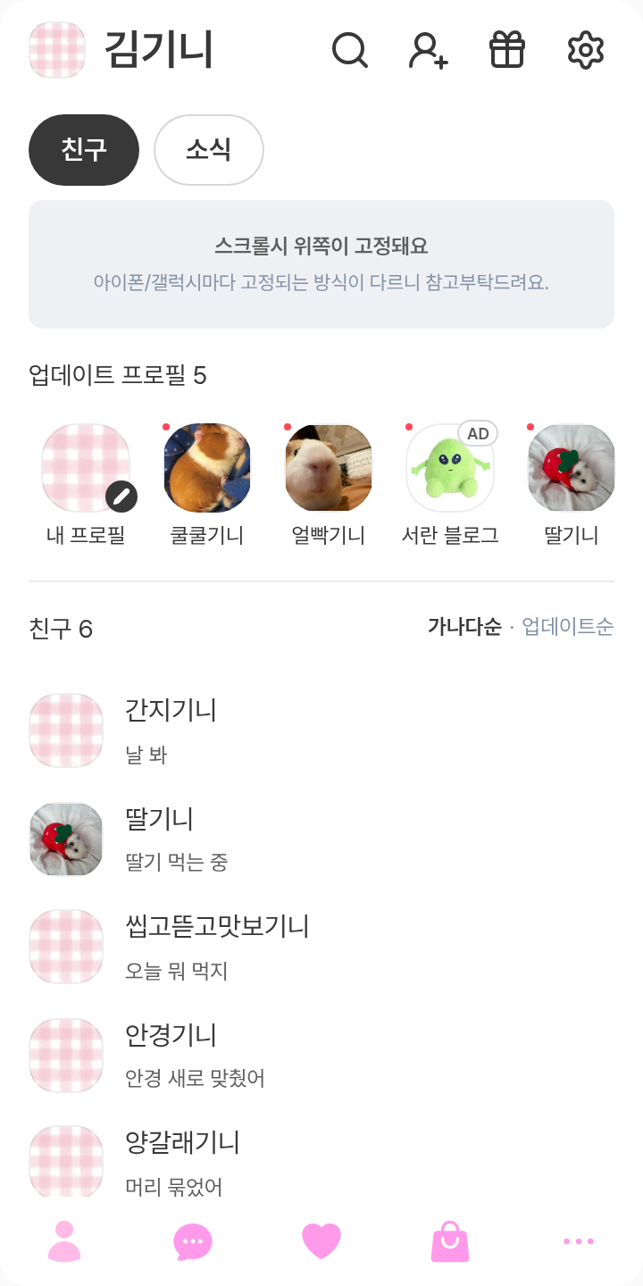 커플 테마를 적용한 친구탭