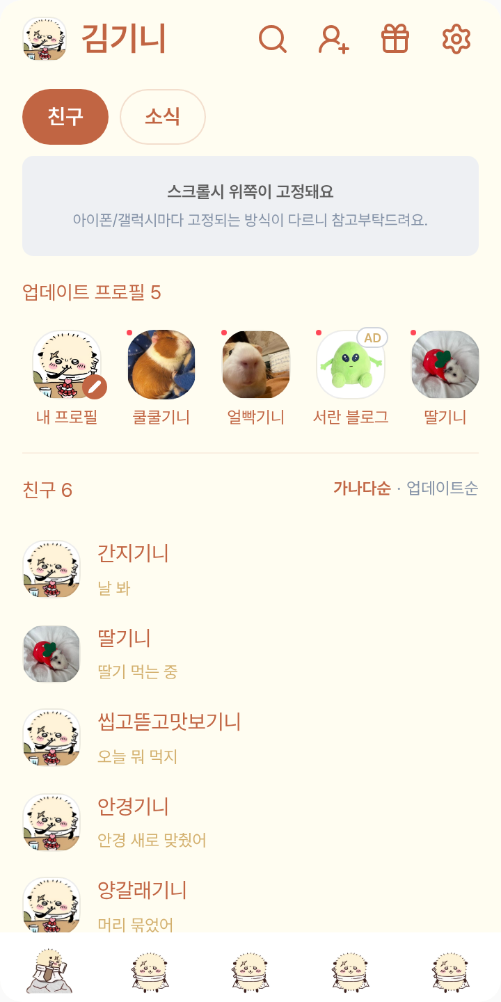 Rakko 테마를 적용한 친구탭