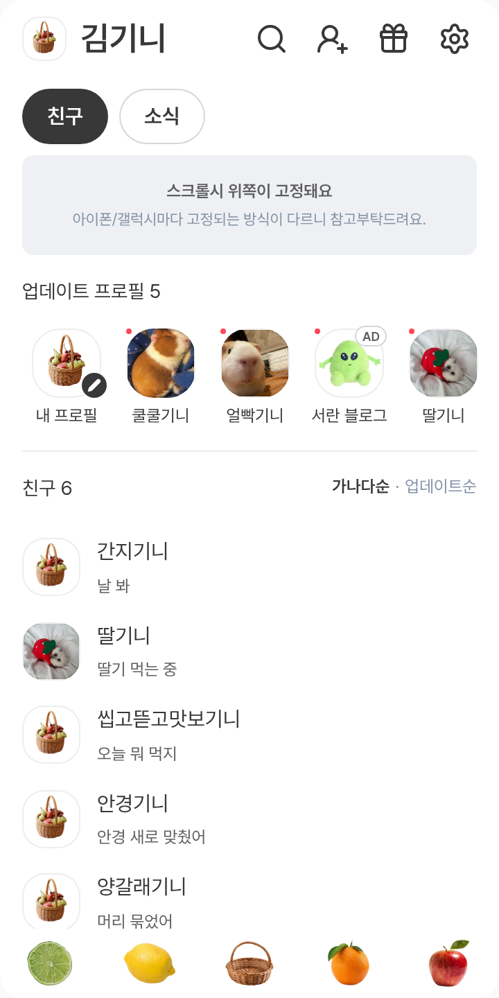 Fruit 테마를 적용한 친구탭