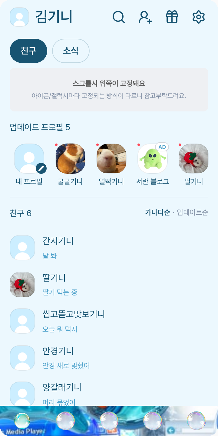 에어로 코어 테마 테마를 적용한 친구탭