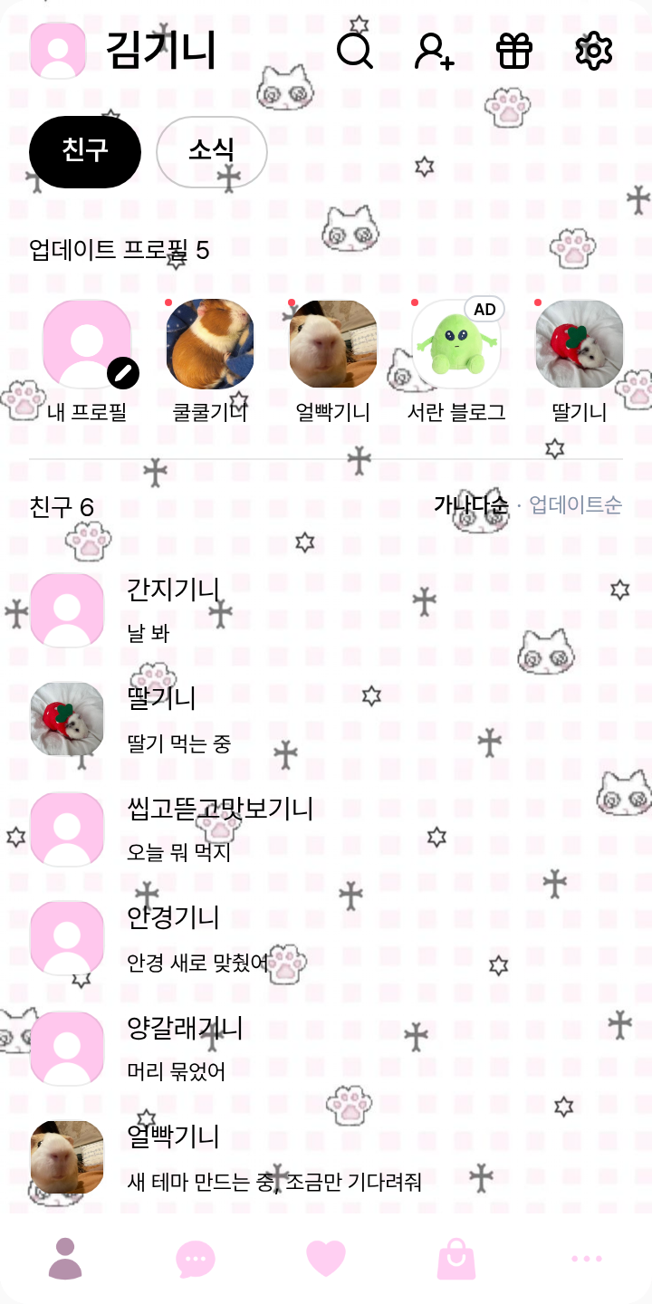 양지뢰테마 테마를 적용한 친구탭