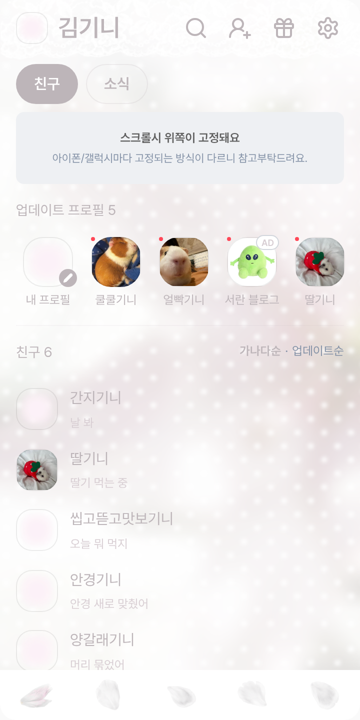 사랑에 빠진 백합 테마를 적용한 친구탭