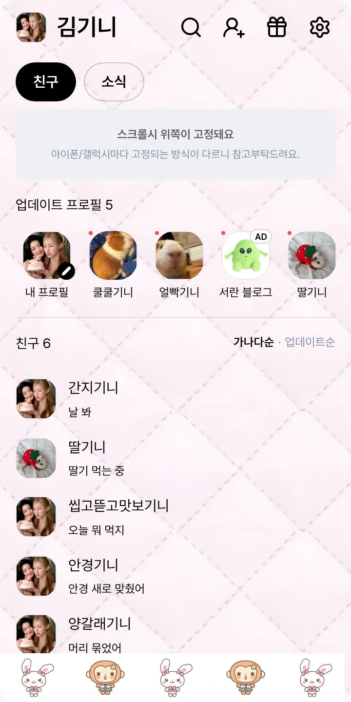 하나즈 테마를 적용한 친구탭