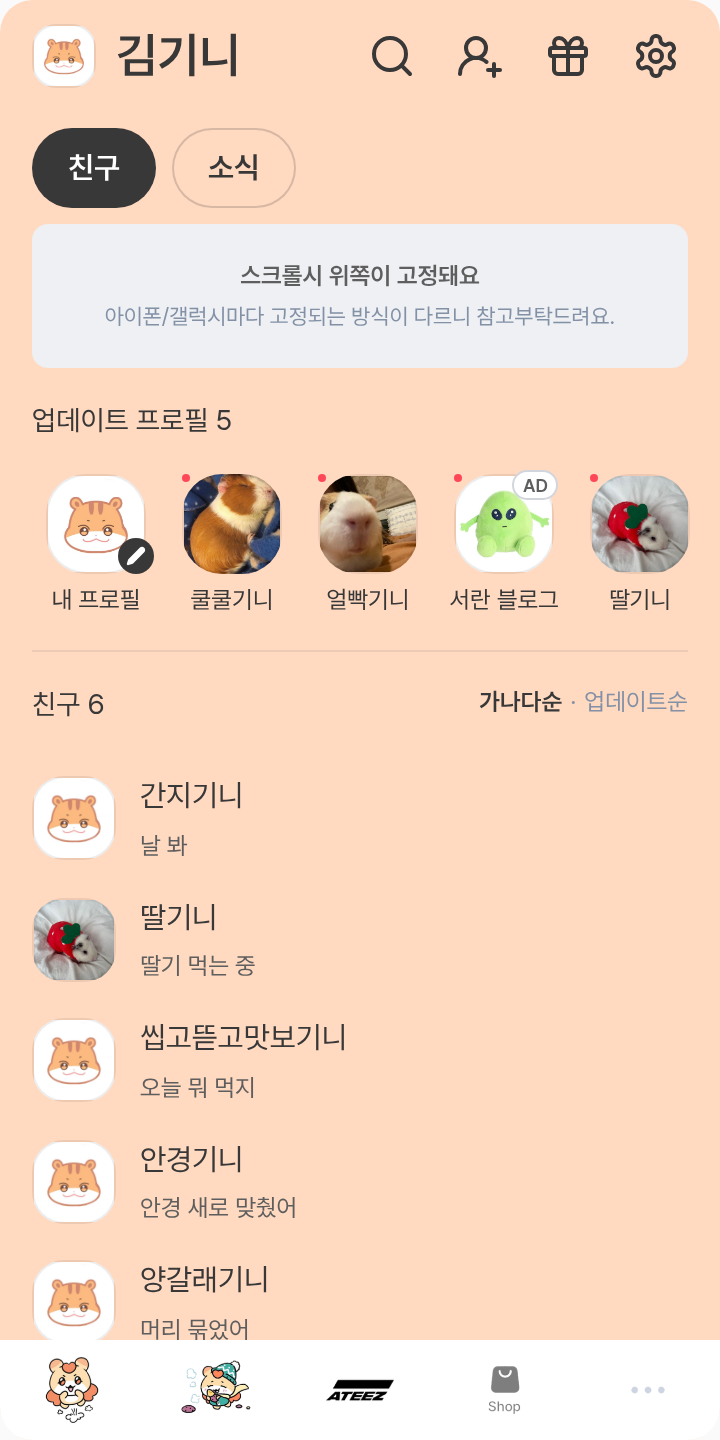 홍중 테마를 적용한 친구탭