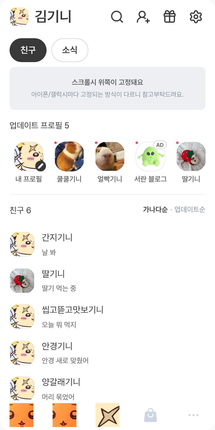 랏코 테마를 적용한 친구탭
