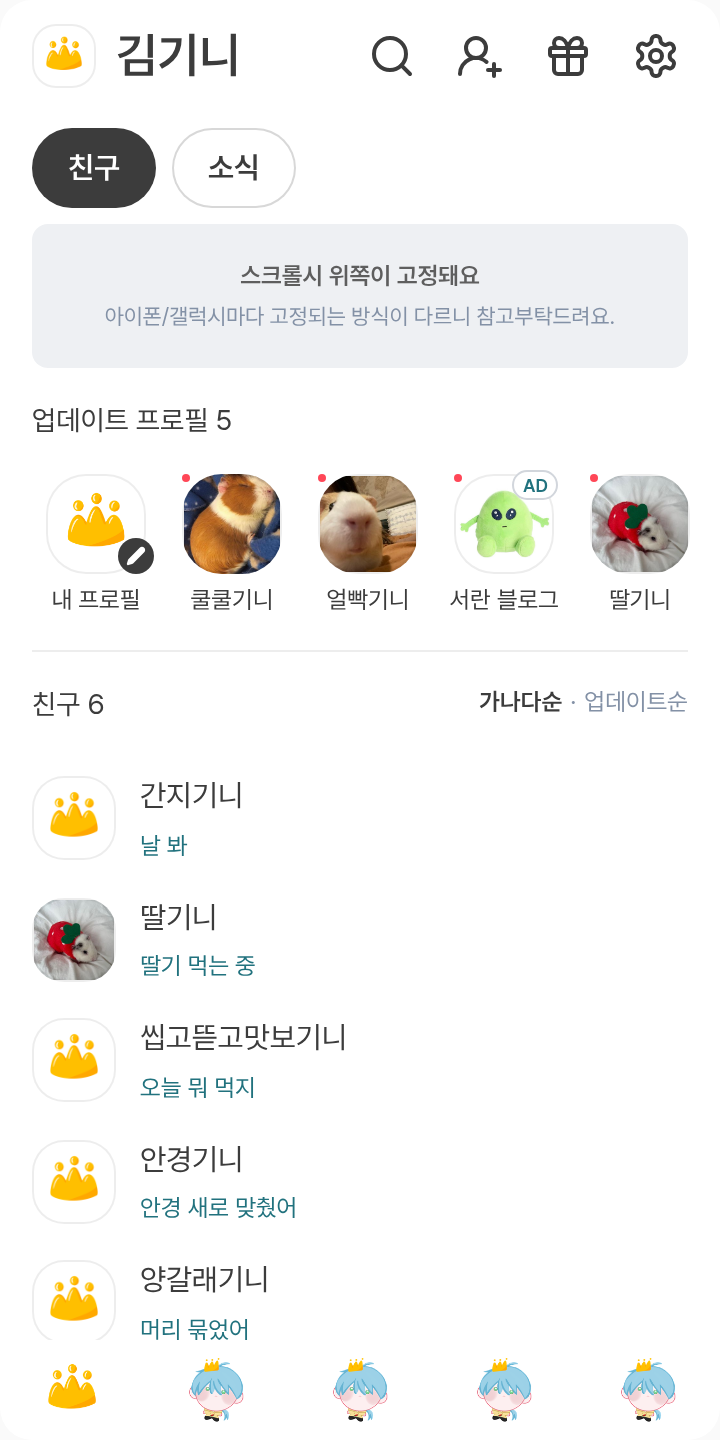 티푸 테마를 적용한 친구탭