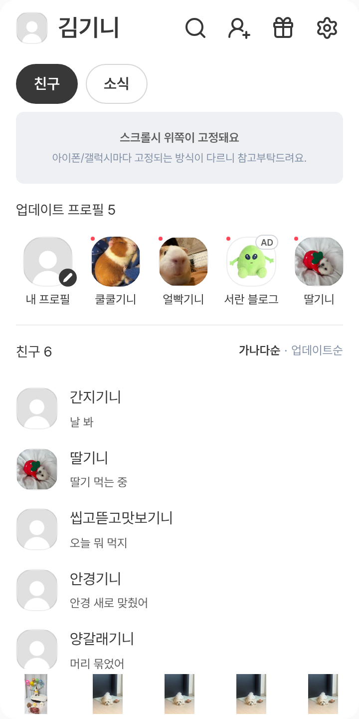 가나디 테마를 적용한 친구탭