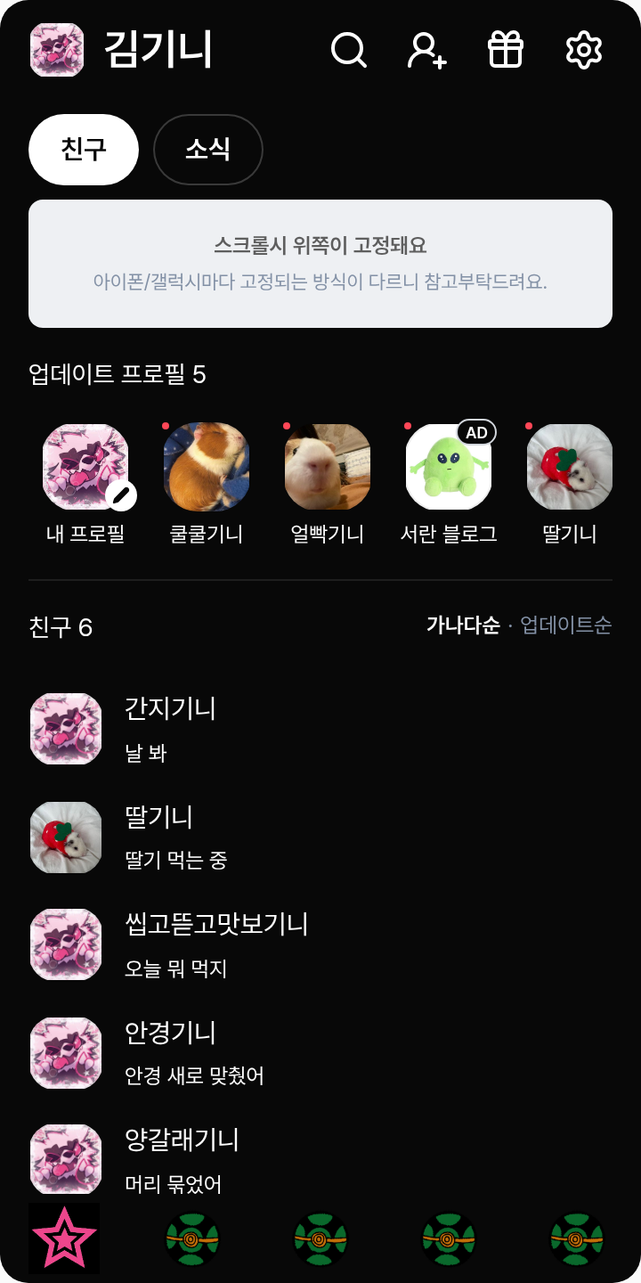 개인용 테마를 적용한 친구탭